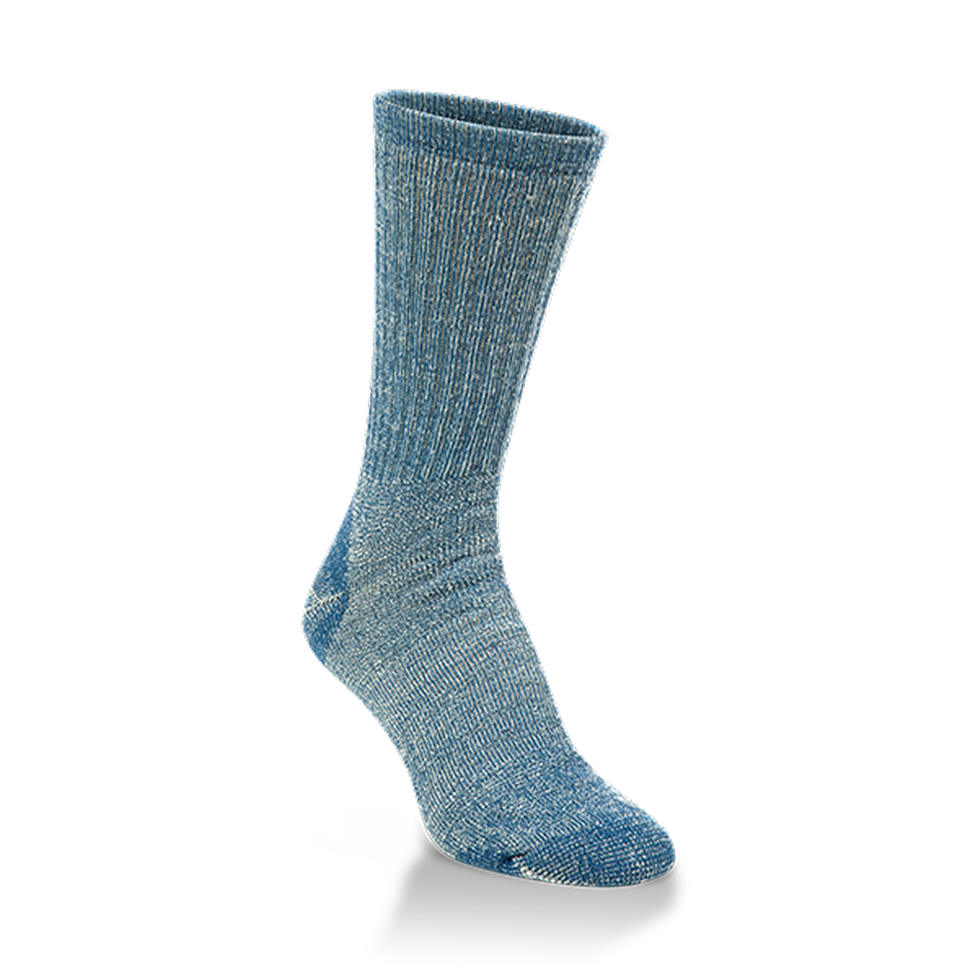 A single heathered blue crew sock shown on a white background with a soft shadow underneath.