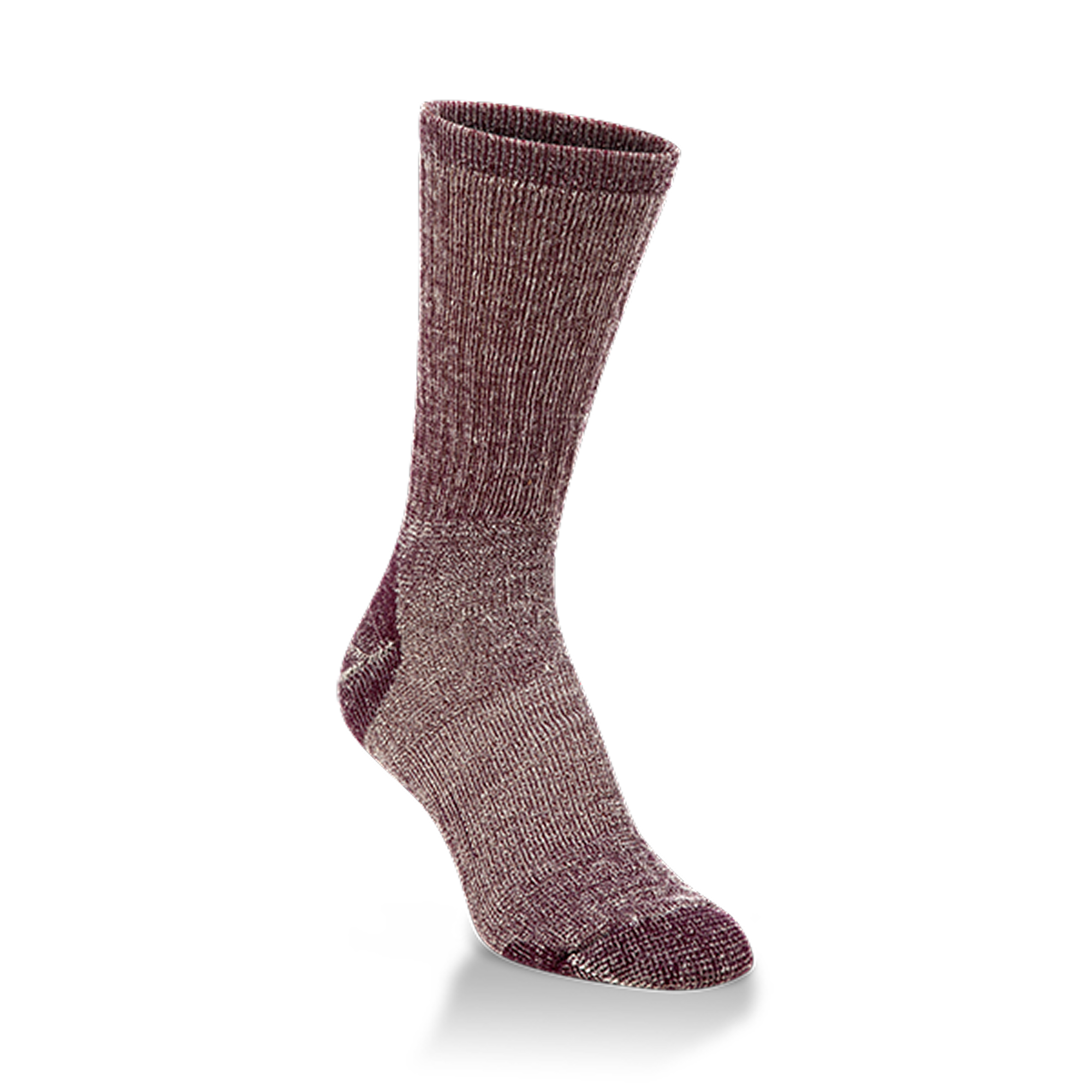 A single crew-length athletic sock in a heathered marled burgundy and gray colorway, shown floating against a solid white background.