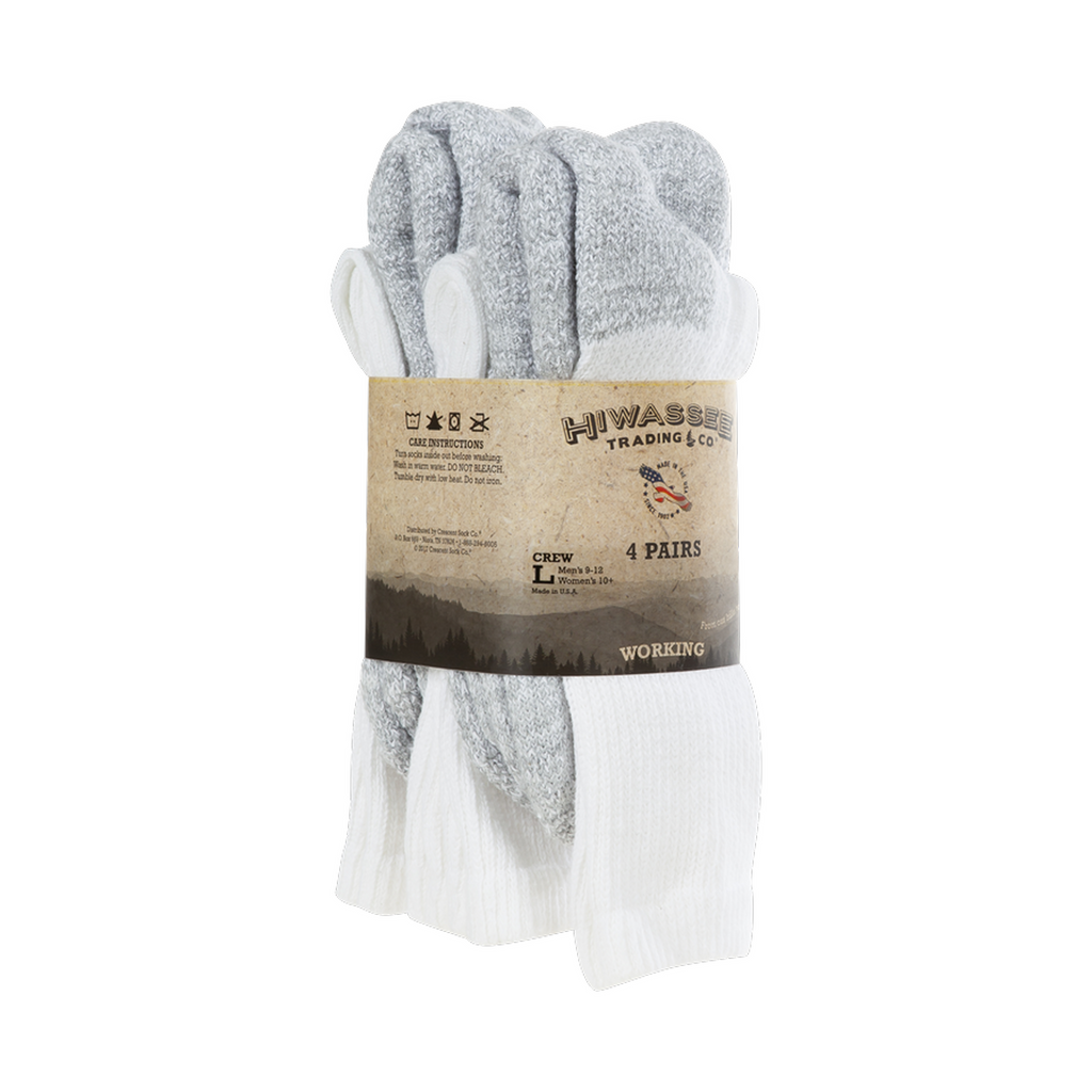 A packaged set of four pairs of work socks in heather gray and white, wrapped with a brown paper band labeled Hiwassee Trading Co.